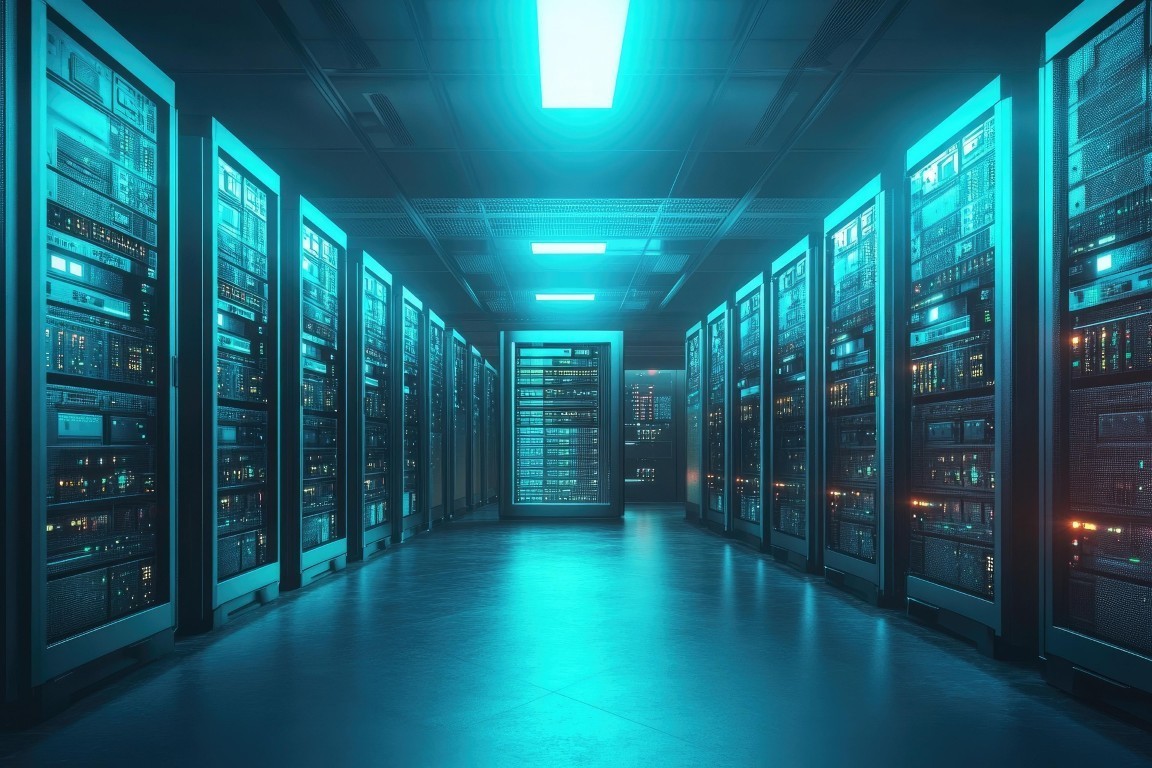 A teal-lit data center server corridor