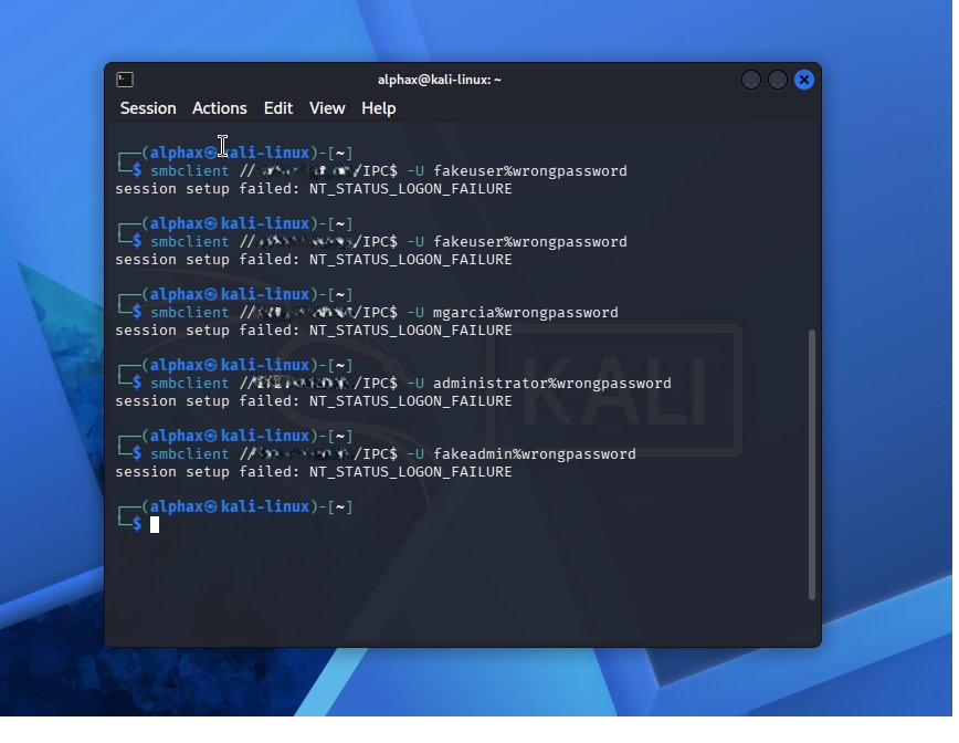 Kali terminal showing repeated smbclient NT_STATUS_LOGON_FAILURE responses against the DC
